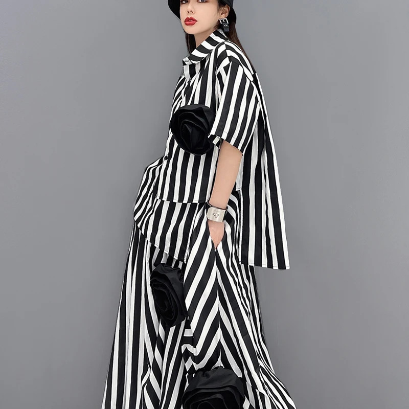 Korean Style Tie Flowers Decorated Loose Fit Two Pieces Set Woman Summer Oversized Striped Blouse Shirt And Skirt Outfit JJSE016 250122