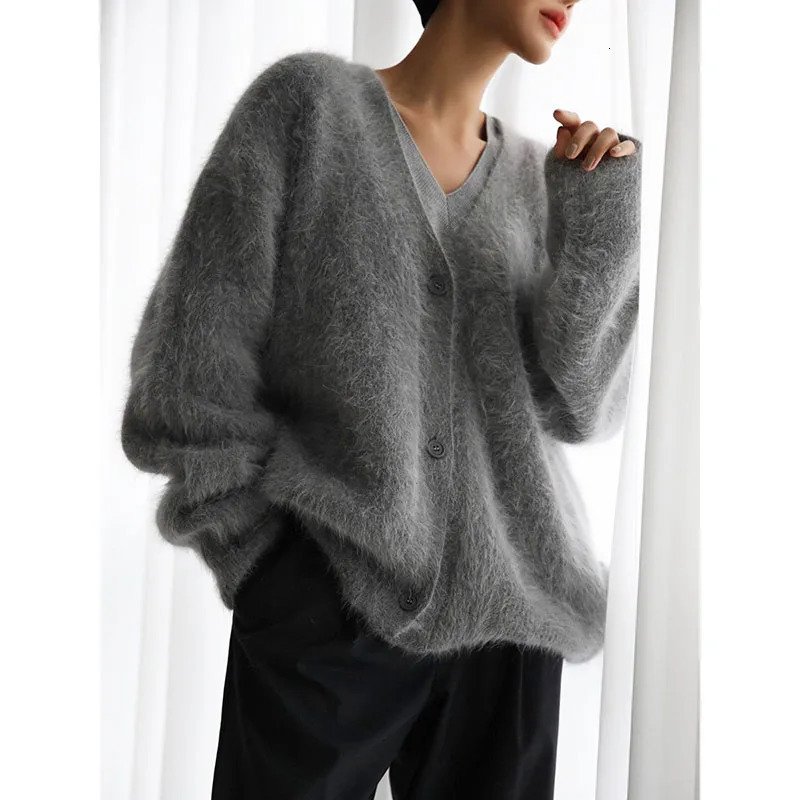 Ladies Wool Knitted Sweater Cardigan Europe And America Autumn And Winter Lazy Loose Long-Sleeved V-Neck Sweater Coat 250118