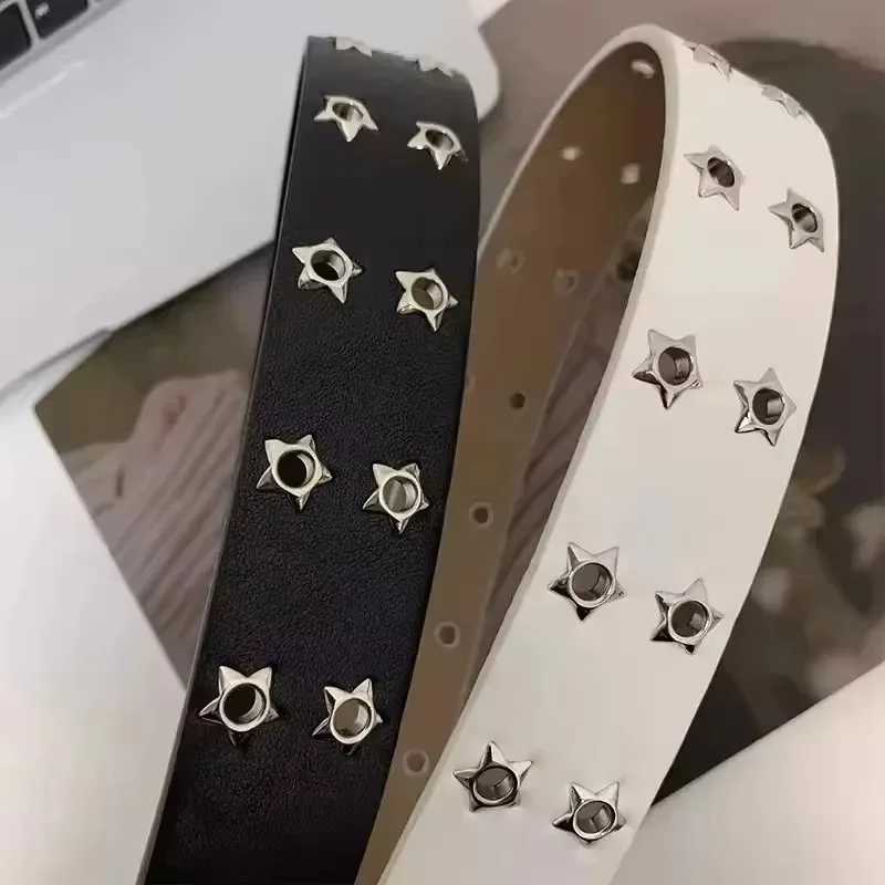 110cm Waist Belt Y2K Punk Rivet Leather Belts Women Men Star PU Black White Waist Strap Double Row Hollow for Jeans Skirt Decor W250120