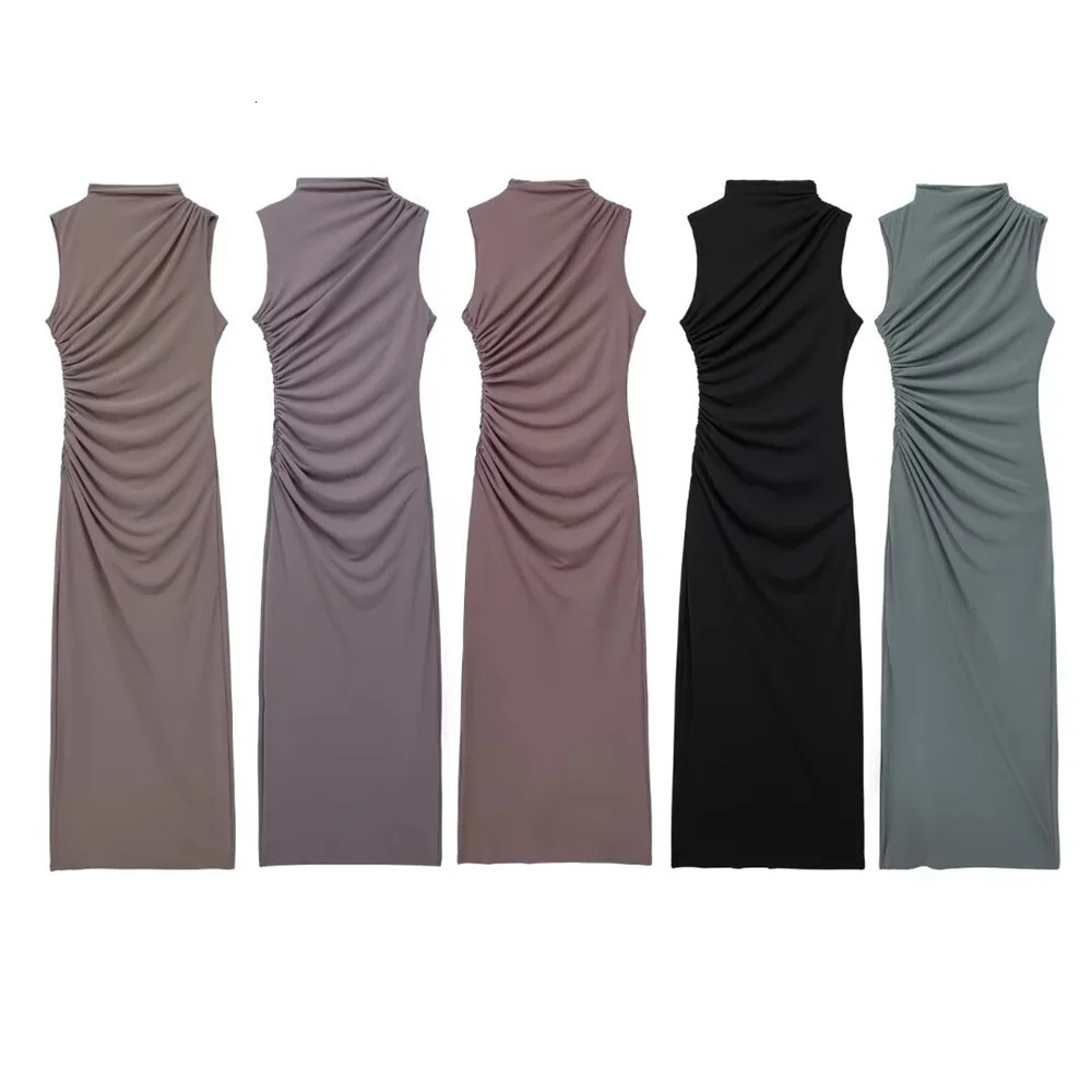 European And American Style 2024 Spring And Summer Womens Fashionable Temperament Solid Color Pleated Decorative Dress 250121