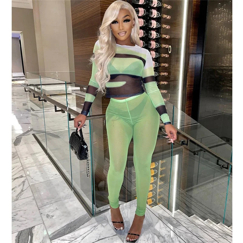 Sexy Mesh Sheer Striped Patchwork Two Piece Set Women Clubwear Long Sleeve Top Leggings Matching Sets Party Birthday Outfits 250108