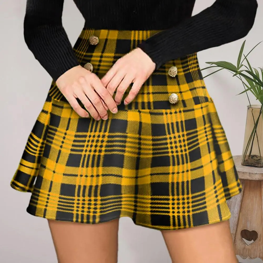 Women Pleated Skirt Polyester ButtonDecorated Plaid Print Lady Versatile Style Doublebreasted High Waist Female 250110