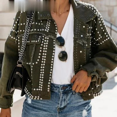 Rivet Studded Denim Jacket Autumn Loose Outwear Female Students Casual Short Jeans Coats Jacket Women Outwear 250122