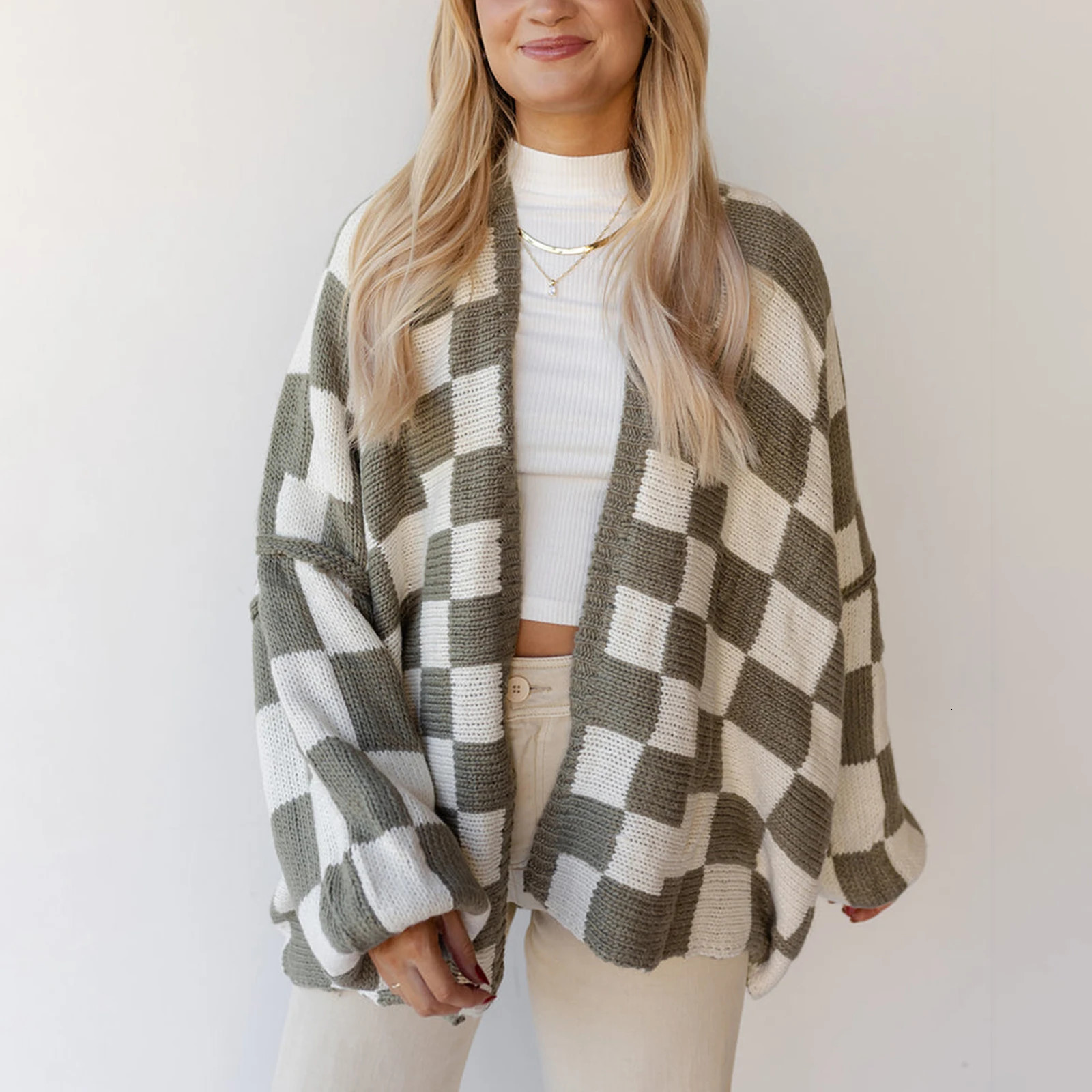 Womens y2k Aesthetic Fall Knit Cardigan Plaid Print Long Lantern Sleeve Open Front Loose Sweater Jacket 250109