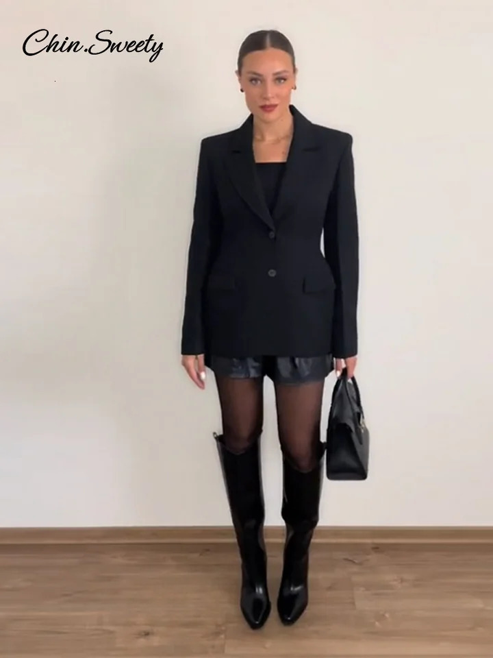 Spring Shoulder Pad Womens Black Blazer Fashion Lapel Flap Pocket Slim Button Suit Jacket Female Lady Commute Outwear 250109