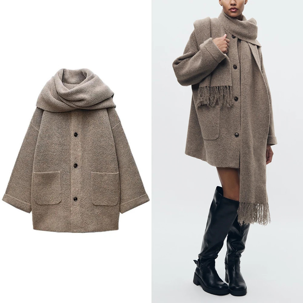 TRAF Womens Knitted Cardigan with Scarf Slim Casual Jacket Long Sleeve Patchwork Pocket Elegant Office Sweater 250109