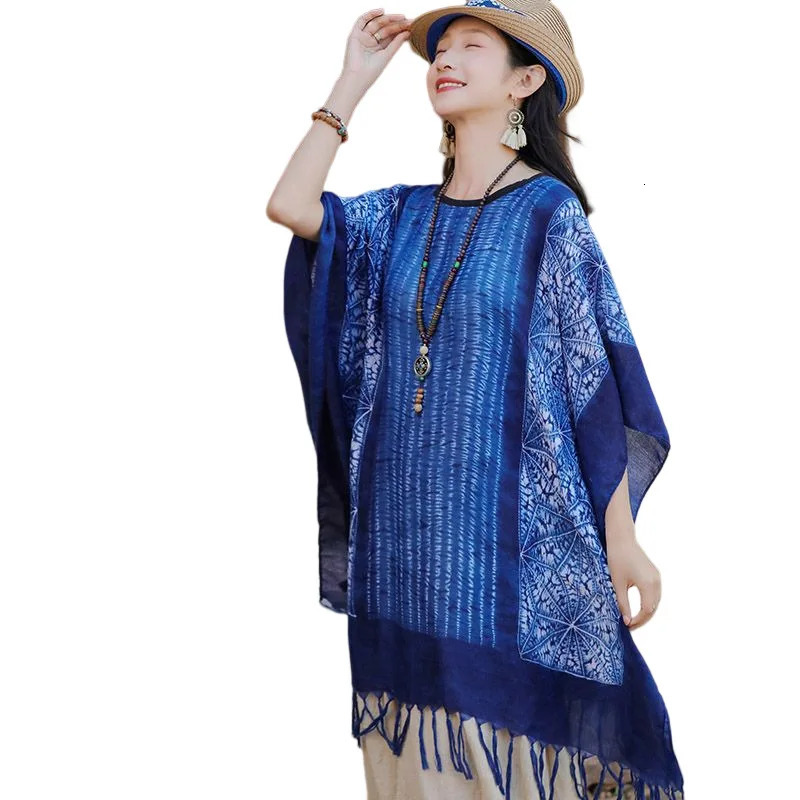 Summer Tie Dyed Ethnic Style Shawl Yunnan Dali Tourism Cloak Coat Shoulder Padded Sunscreen Cloak Tassel Shawl Girl 250121