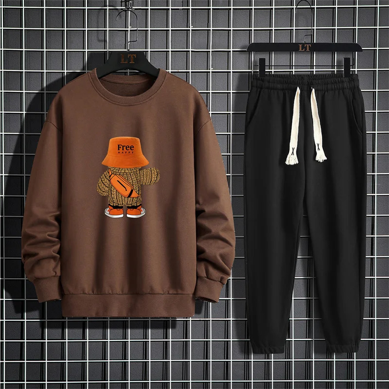 Spring and Autumn mens suit cartoon print round neck long sleeved loose sports shirt with casual sports pants two-piece set 250117