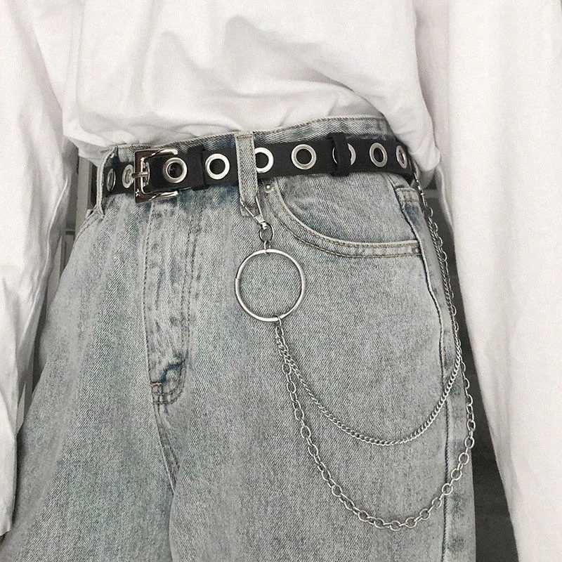 Fashion Harajuku Women Punk Chain Belt Adjustable Black Double/Single Eyelet Grommet Metal Buckle Leather Waistband For Jeans W250120