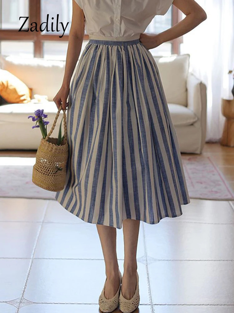 2024 Summer Vintage High Waist Striped Skirt Beach Style ALine Cotton Linen Women Casual Elastic force Ladies Skirts 250121