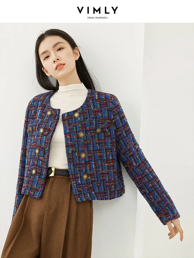VIMLY Cropped Tweed Jacket for Women Spring Elegant Contrast Plaid Double Breasted Short Woolen Coat Female Outerwear 16106 250122