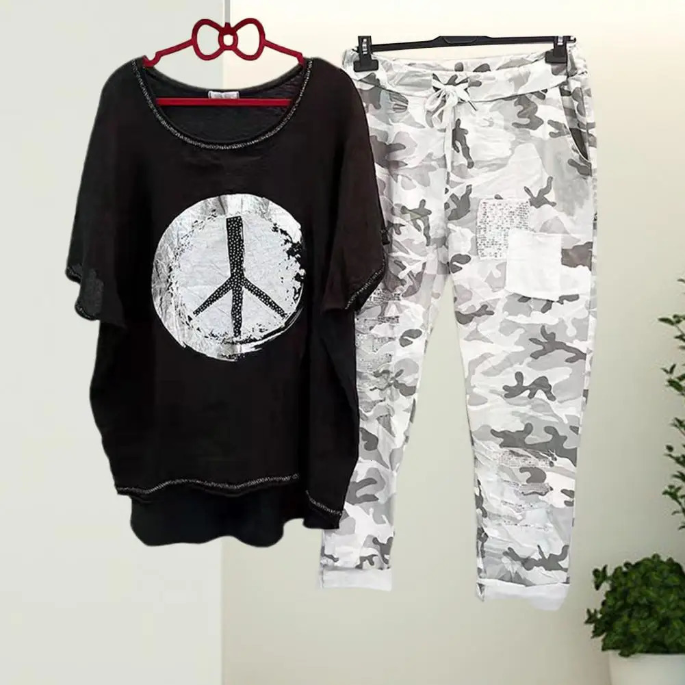 1 Set Tshirt Pants ONeck Two Piece Asymmetrical Laceup 250113