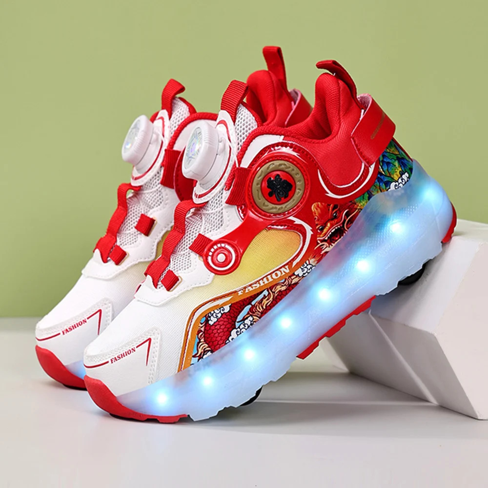 Childrens four-wheel luminous sports shoes LED light roller skating shoes boys and girls USB charging childrens training shoes 250110