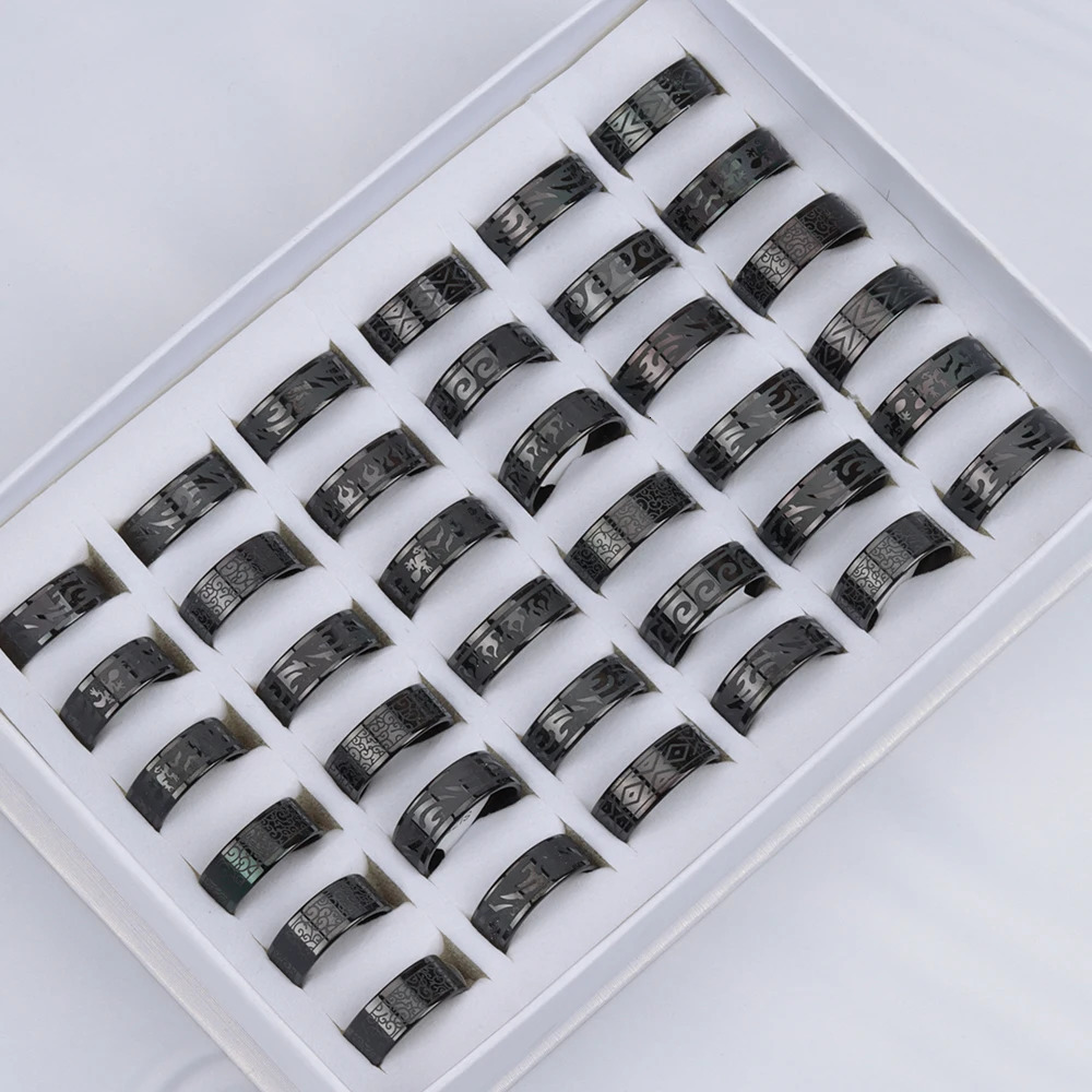 Bulk 24 Pcs/Lot Top Quality 8mm Engraving Stainless Steel Rings Men Party Gifts Waterproof Jewelry Size 17-21 250117