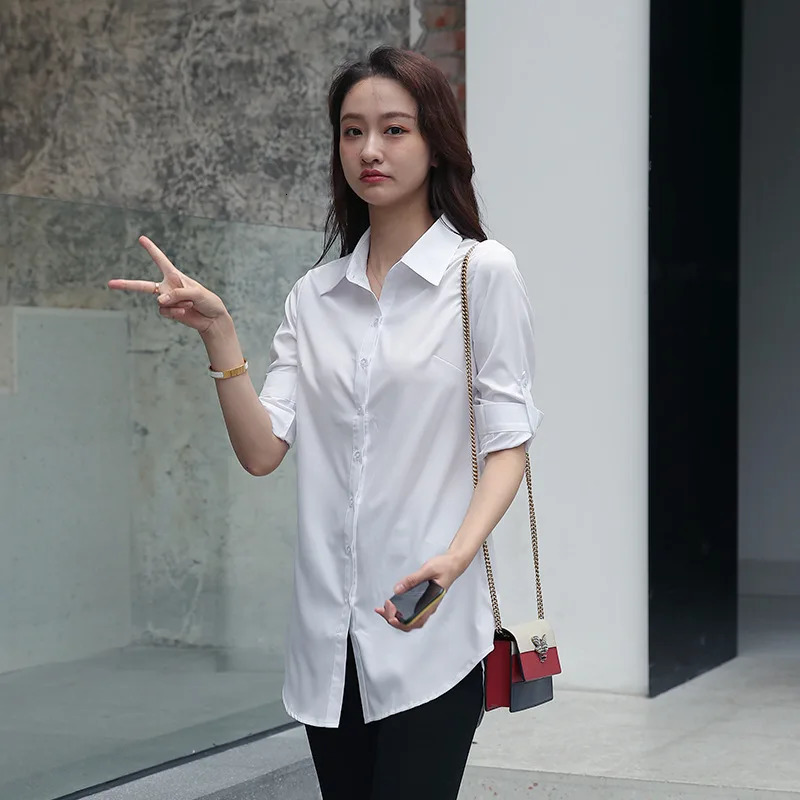 Mid Length Women Shirt Korean Fashion Womens Tops BF Sexy Shirt Long Sleeve Blouse Women Autumn Female Clothes White Shirt Women 250121