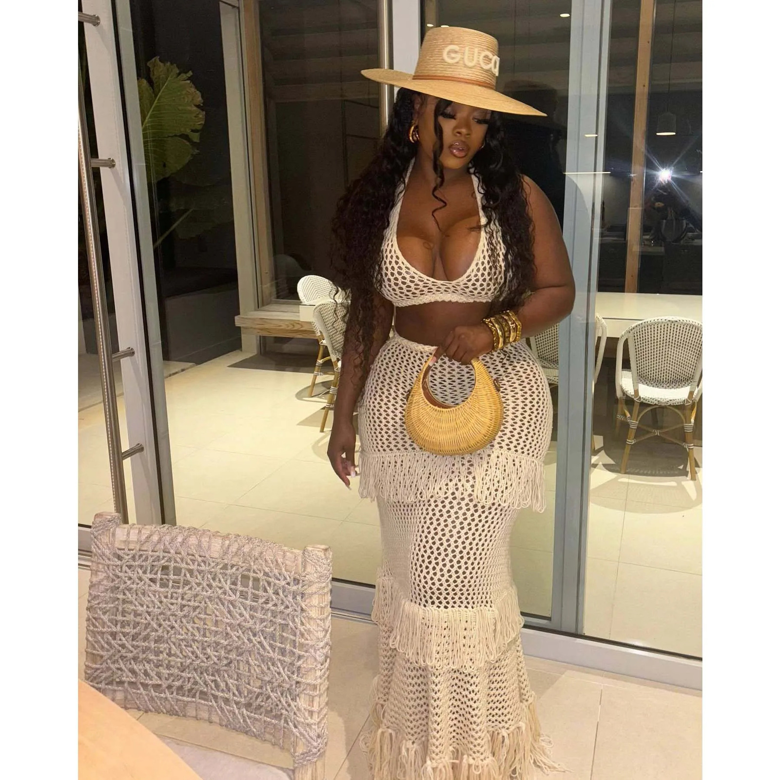 Knitted Crochet 2 Piece Skirt Sets Sexy Ruffle Elegant Fringe Tassel Dress 2024 Summer Outfits Crop Top Two Piece Skirt Sets 250113