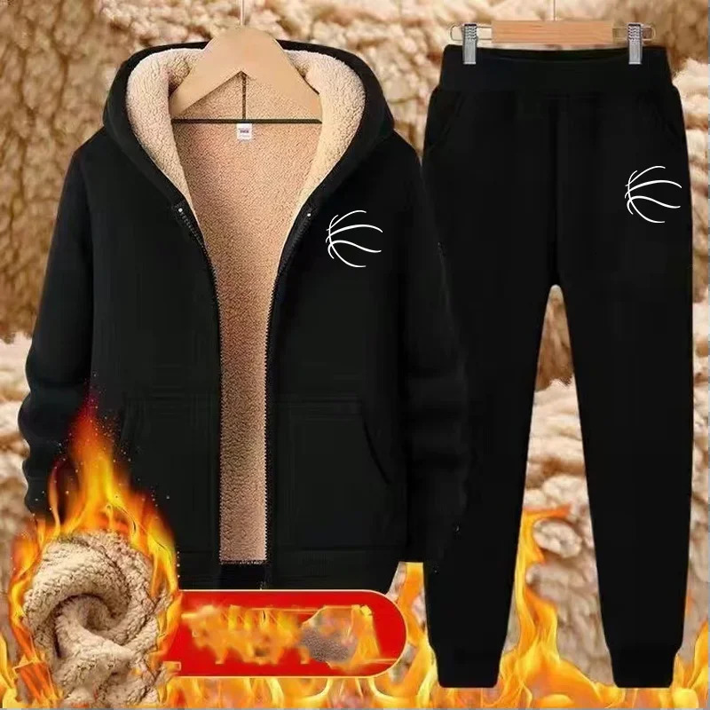 Fashion print Tracksuit Men Lamb Cashmere Winter Hooded Sweatshirt Thick Warm Sportswear Men Sets Male Casual Suit Two Piece Set 250121