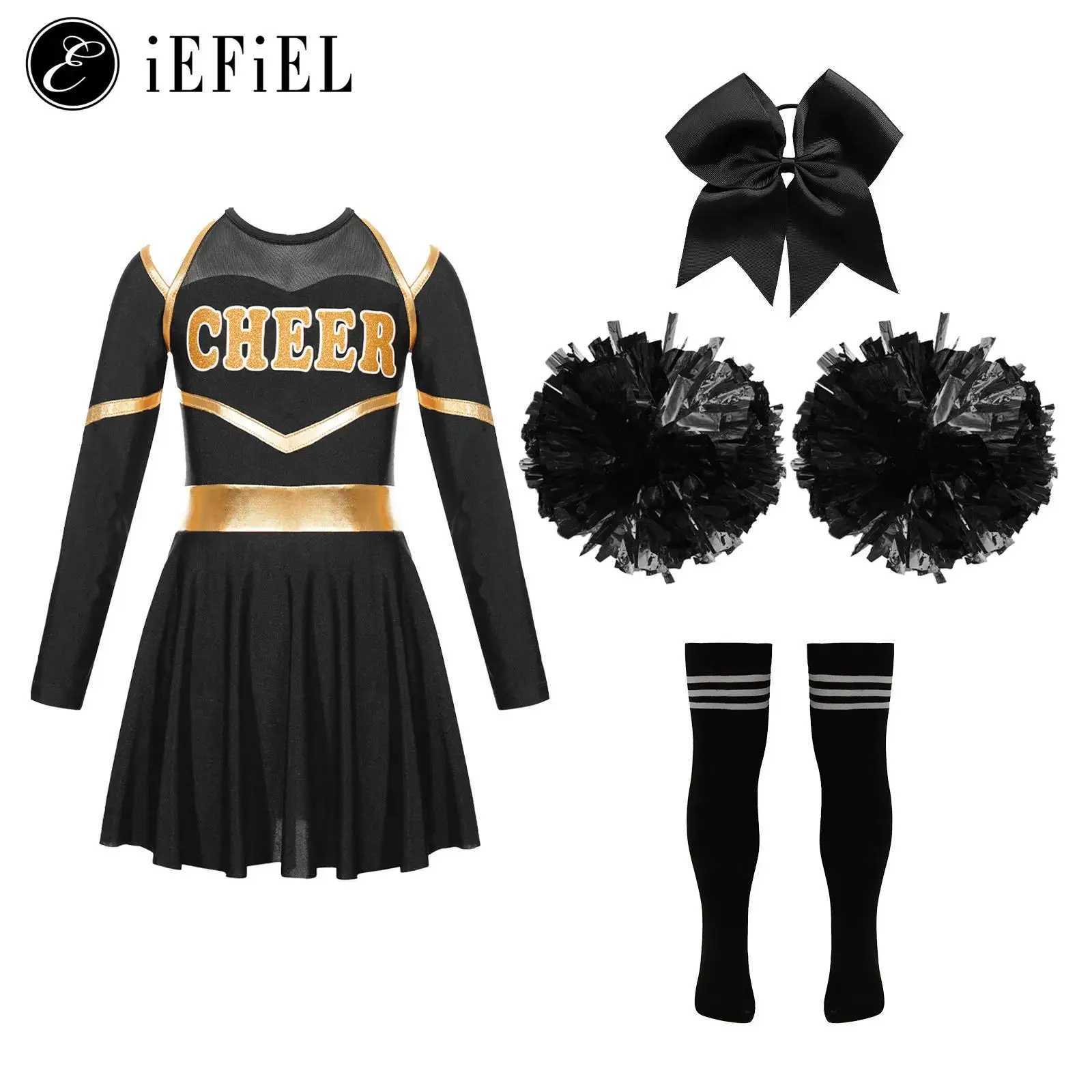 Kids Girls Cheerleader Costume Halloween Cheerleading Dress with Pom Poms Bow Hair Clip Socks Birthday Party Gifts W250117