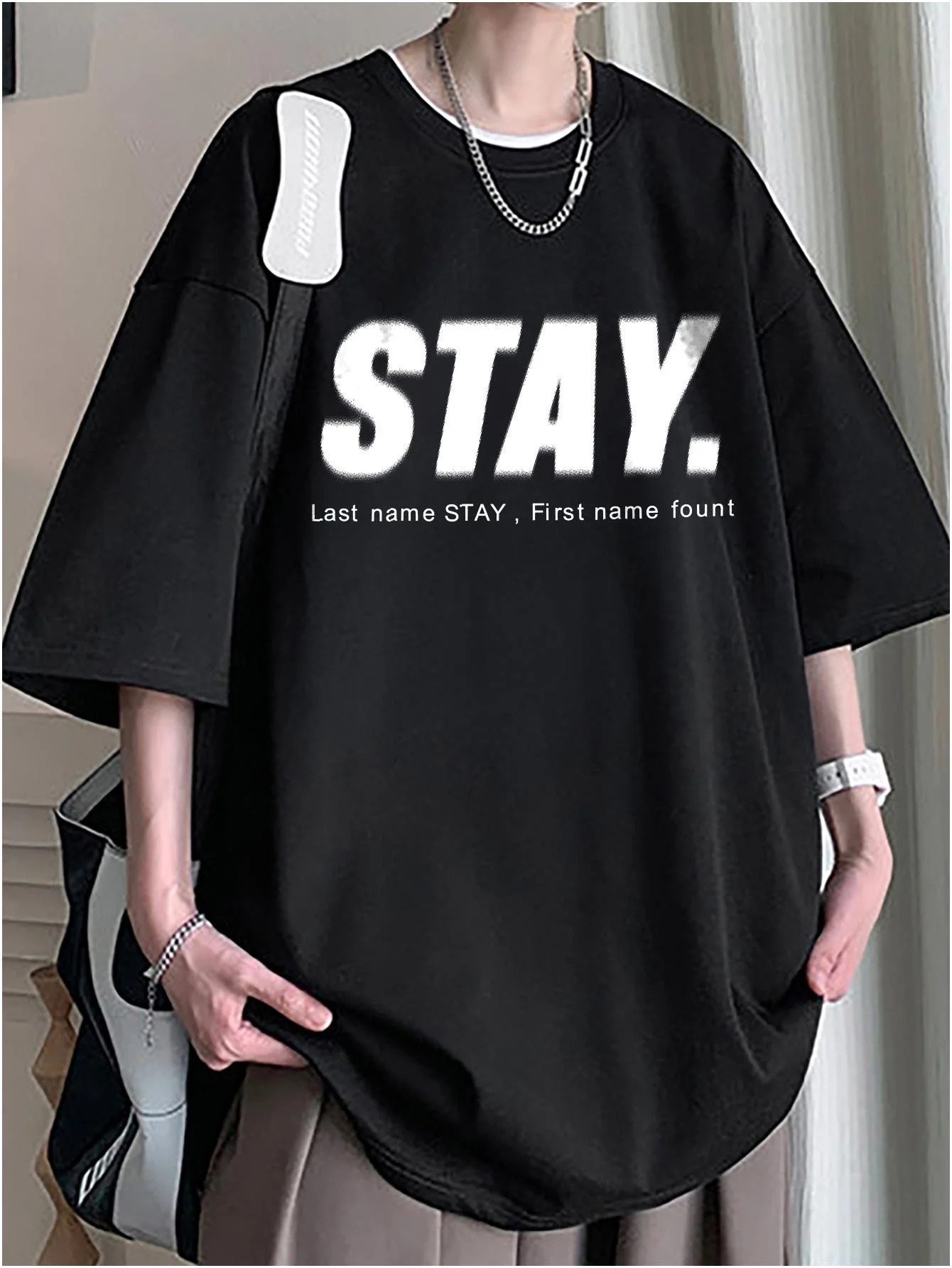 Korean Style Men Tops Kpop Streetwear STAY Print Cotton Male Tees Oversize Casual Unisex Tshirts Y2k Harajuku 250122