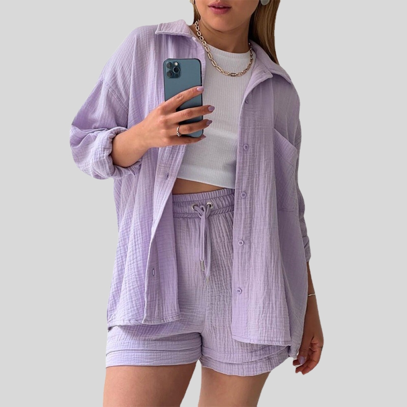 European and American women's clothing two-piece set wrinkled cloth lapel collar long-sleeved shirt high waist drawstring shorts large size fashi
