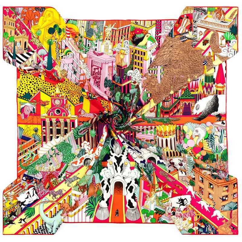 POBING Twill Silk Scarf Women Animals Kingdom Square Scarves Manual Hand Rolled Echarpes Foulards Femme Wr Bandana Hijab 90CM W250118