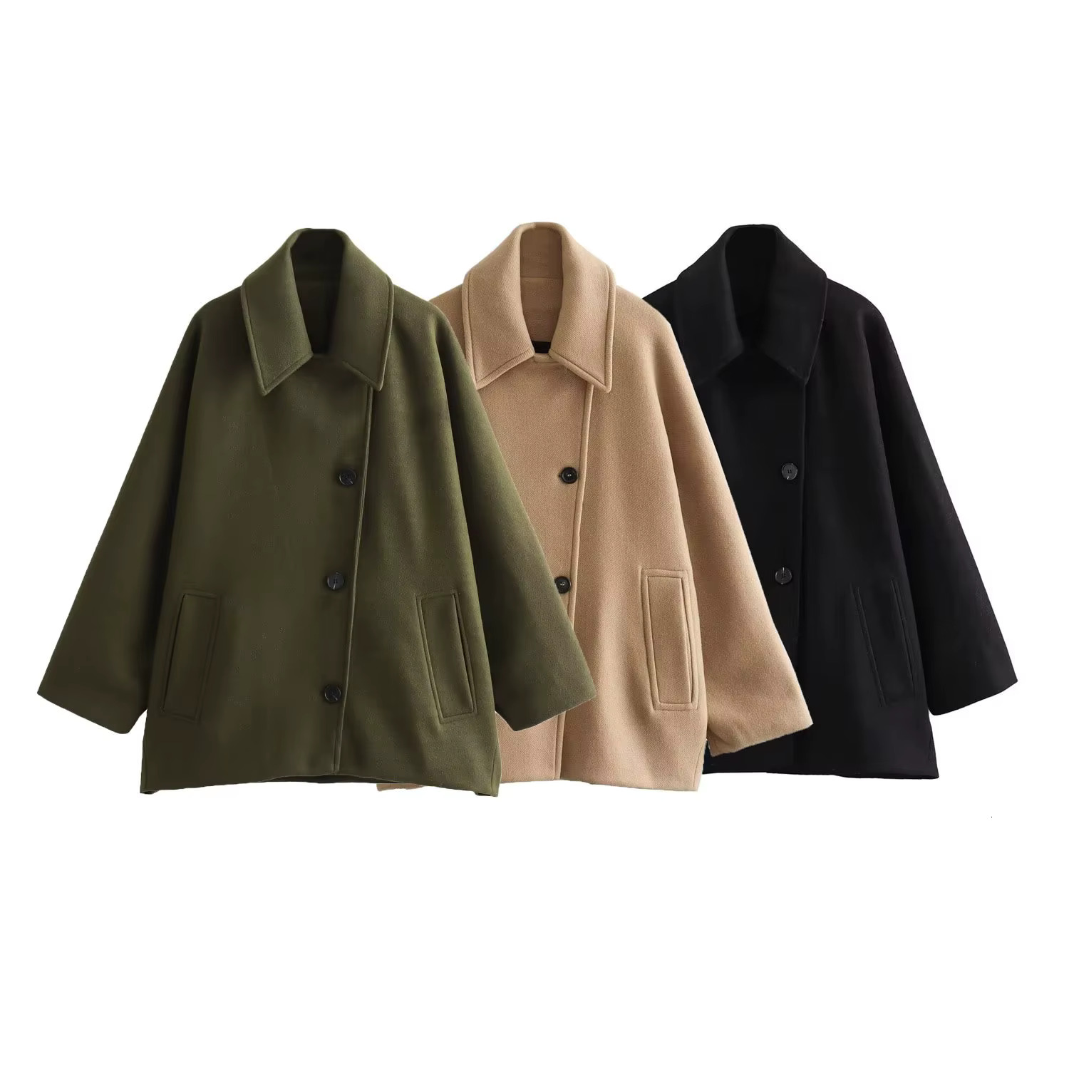 Autumn Winter Woolen Coat Women Fashion Solid Lapel Blend Short Cape Long Sleeve Loose Jacket Single-Breasted Pockets Outwears