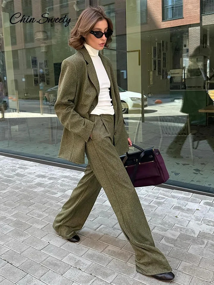 Elegant Coat Pant Sets Woman Fashion Lapel Long Sleeve Single Breasted Blazer Wide Leg Pants 2 Piece Set For Women Loose Outfits 250118