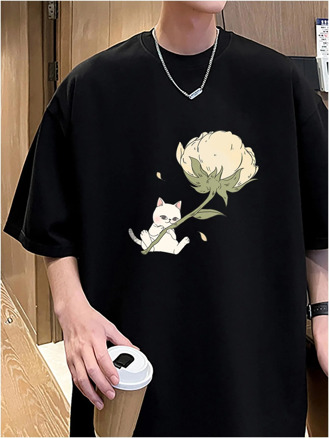 Harajuku Men Casual Loose Tshirts Flower Cat Graphic Unisex Kawaii Tops Short Sleeve Summer Male Tees 100 Cotton Y2k 250122