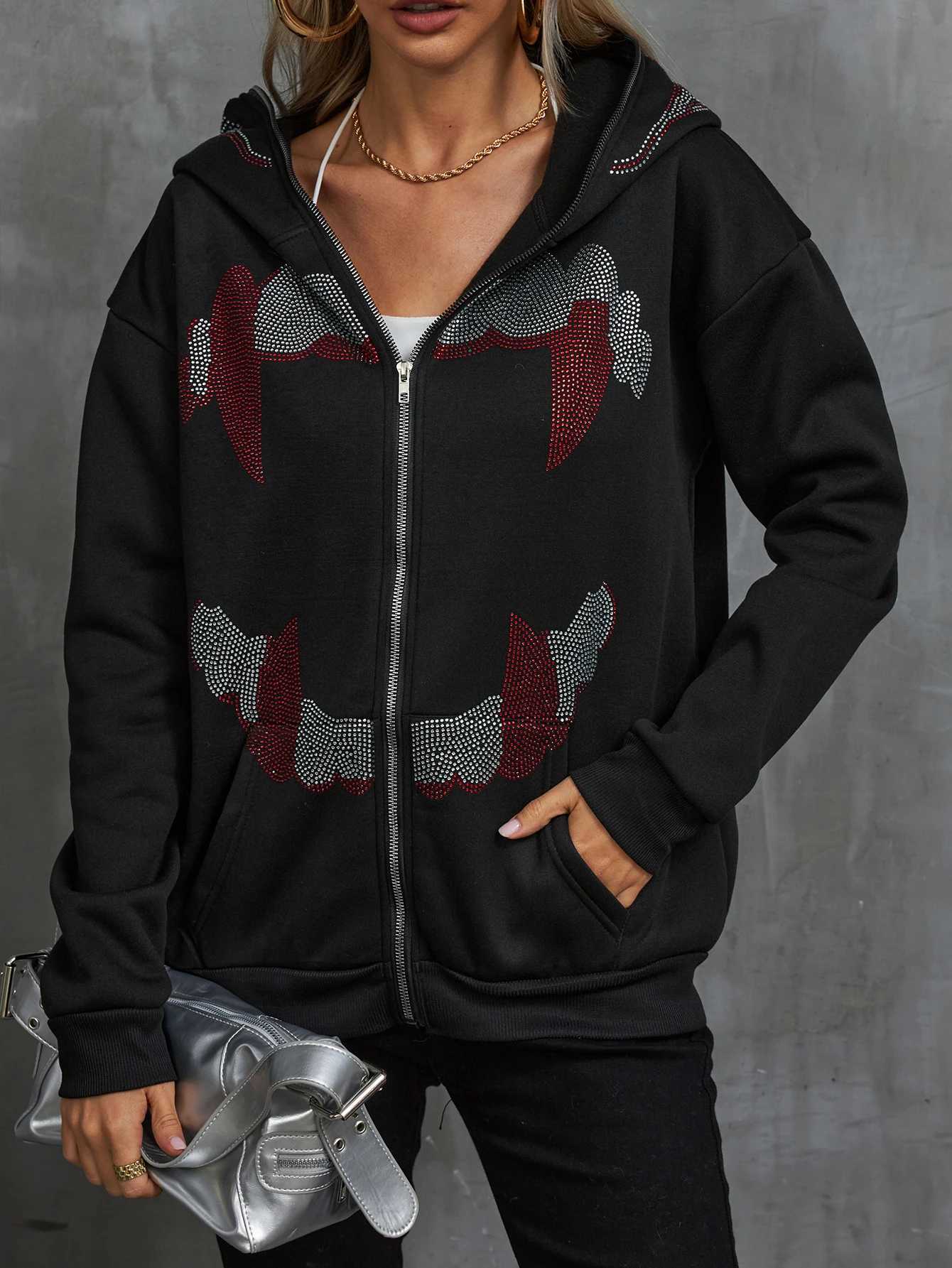 2024 Autumn Fashion Y2K Traf Stitch Personalized Zipper Sweater New Autumn And Winter Hip-hop Rhinestone Hoodie Jacket W250117