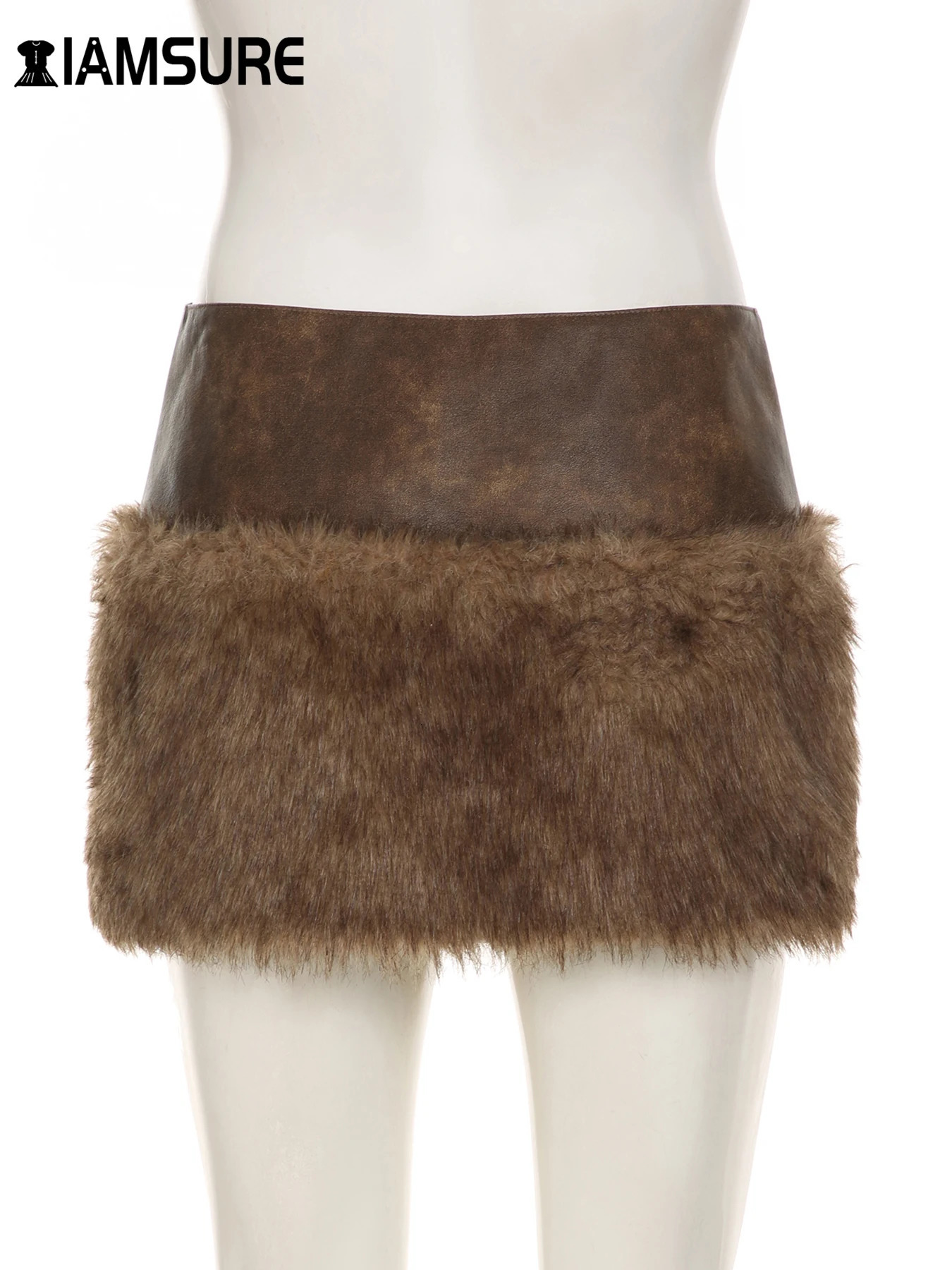 IAMSURE Vintage Patchwork Pu Leather Furry Skirt Women 2024 Winter Fashion Slim MidWaisted Mini Streetwear Lady 250121
