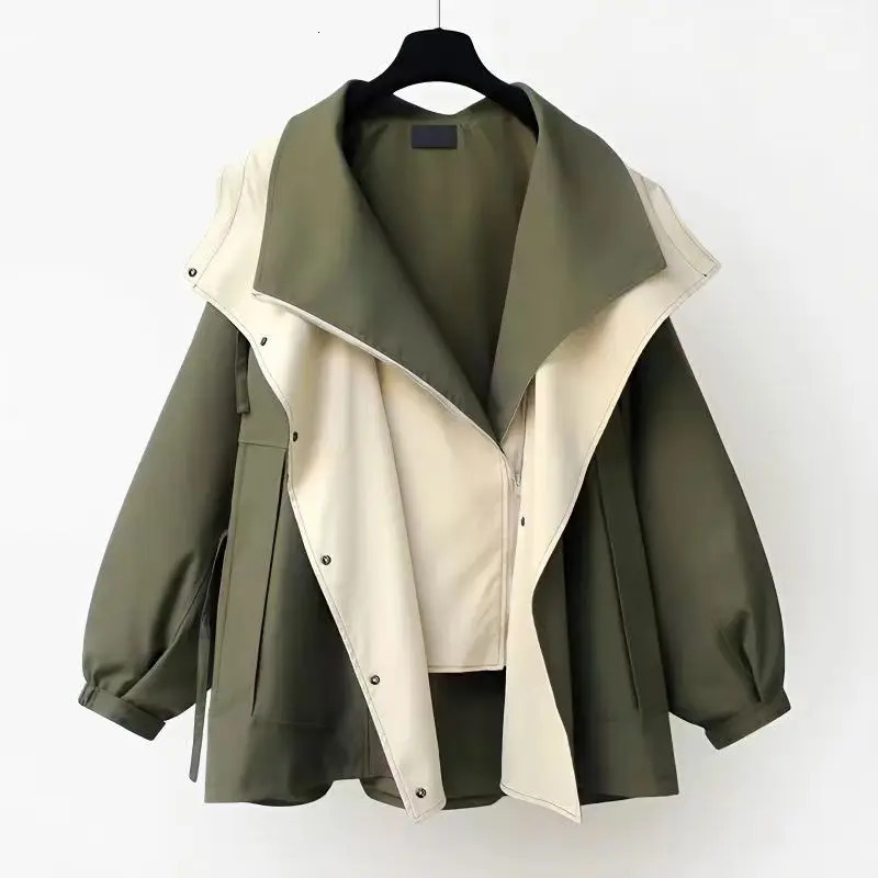 Autumn Chic Womens Windbreaker Contrast TwoPiece Zip Button Wind Coat Belt Hoodie Casual AllMatch Trend Outwear Jacket 250113