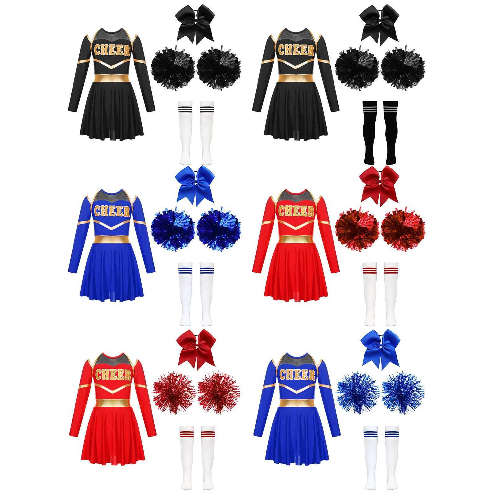Kids Girls Cheerleading Costumes Uniform Long Sleeves Dance Dress with Hand Flowers Headwear Striped Socks for Stage Performance W250117
