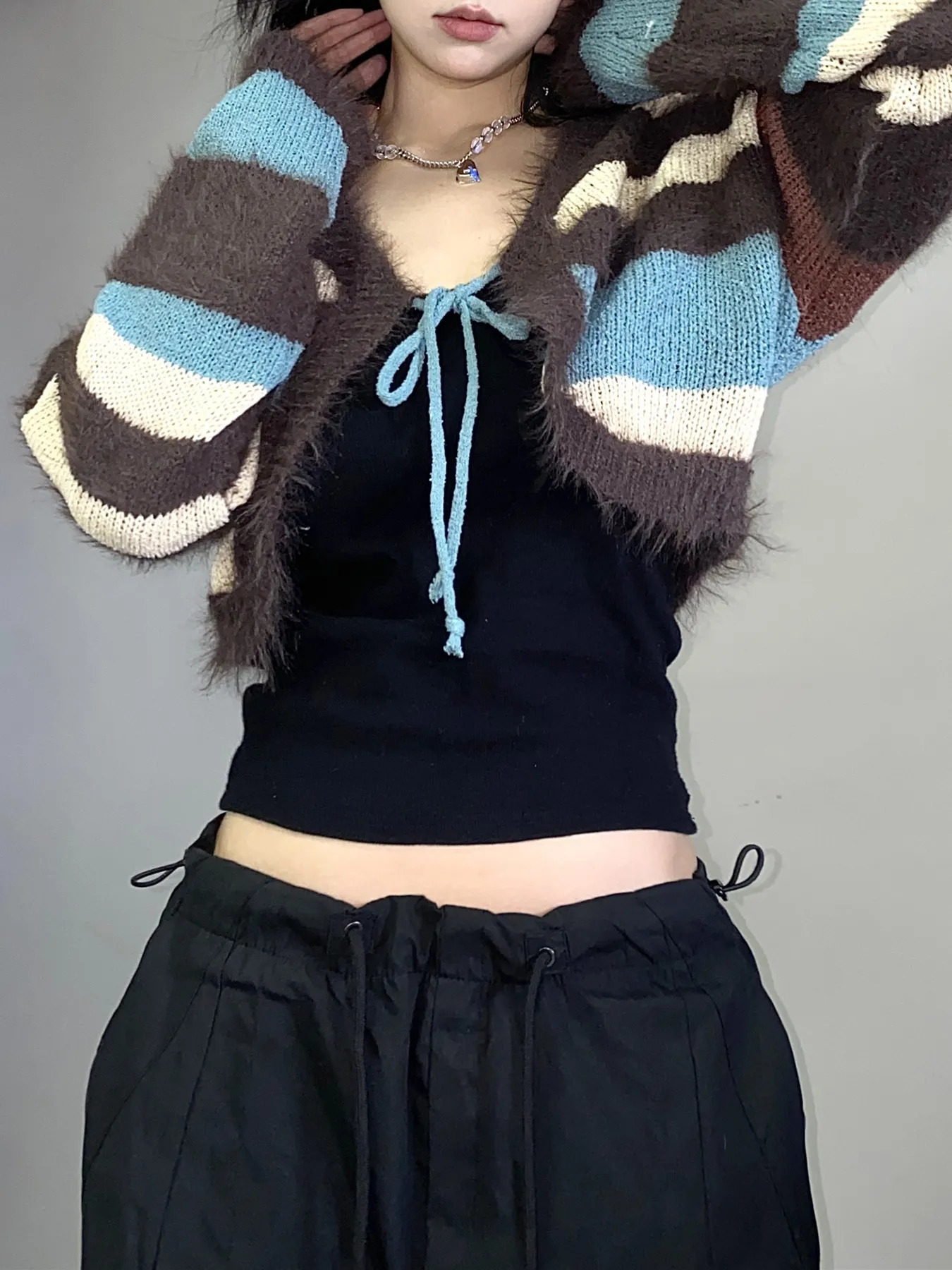 Y2K Casual Striped Cropped Tops Women Long Sleeve Soft Shawl Elegant Lace Up Cardigans Sweet Knitted Sweater 250122