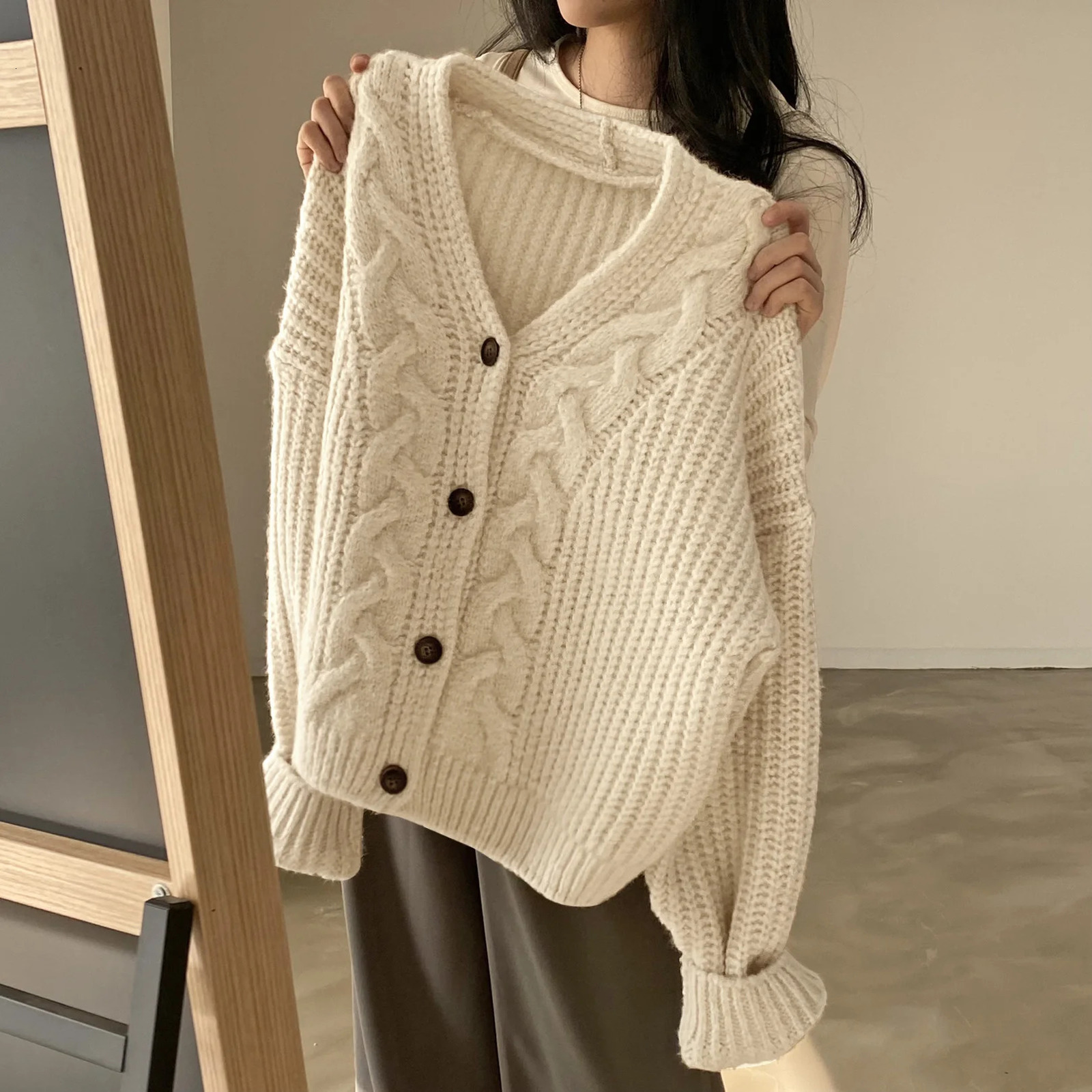 Winter In Womans Sweater Basic AllMatch Knit Cardigans Korean Chic Office Ladys Loose Long Sleeve Top Elegant Casual Coat 250109Z