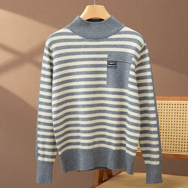 Autumn Winter Women Wool Fashion Soft Sweater Female Half-High Collar Strip Pullover Loose Casual Knitwear Bottomming Tops