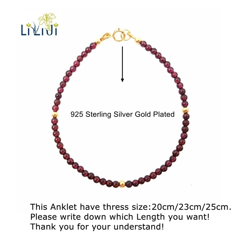 Lili Ji Natural Red Garnet 3-4mm Beads 925 sterling silver gold fashionable gemstone anklet for women as a gift 250110