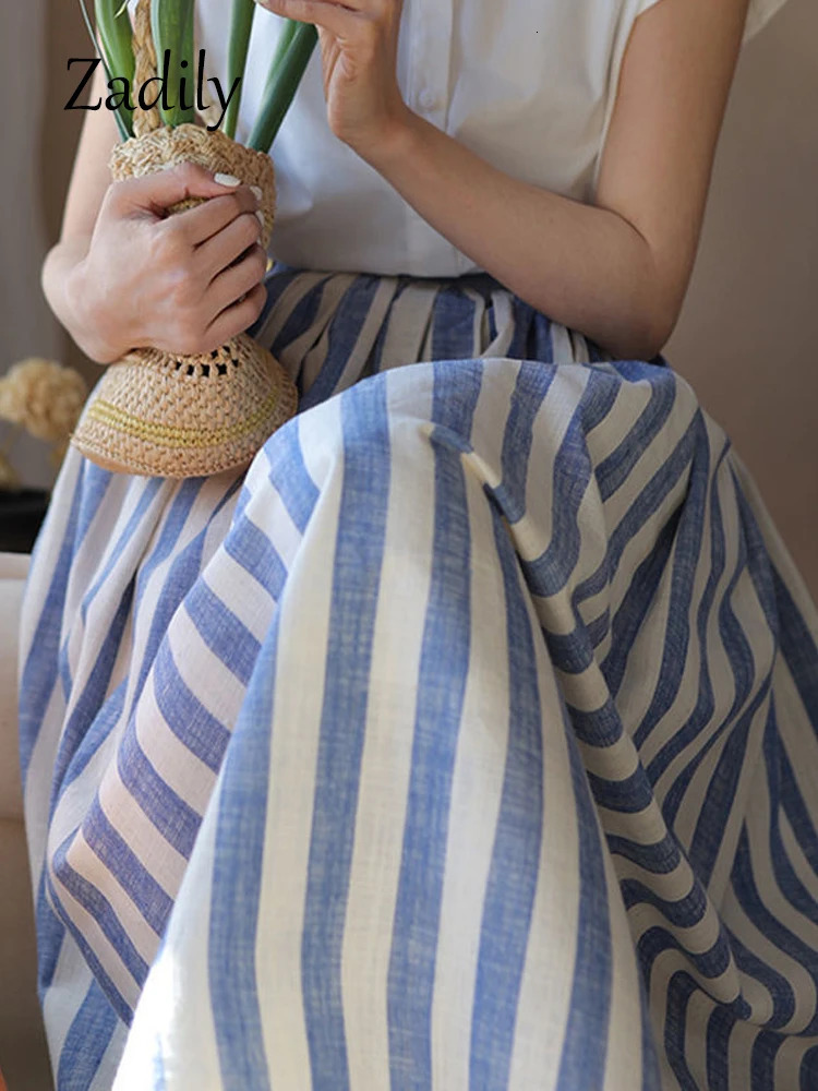 2024 Summer Vintage High Waist Striped Skirt Beach Style ALine Cotton Linen Women Casual Elastic force Ladies Skirts 250121