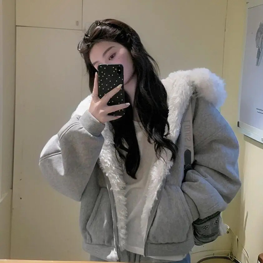 American Streetwear Goth Baggy Long-sleeved Women Fur Collar Spliced Zip Up Hoodies Sweatshirt Autumn and Winter Warm Jacket 250109