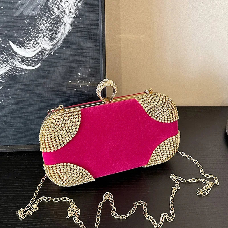 Sparkling Diamond Flannel Frame Evening Bags Chains Solid Sense of Grace Retro Shoulder and Handbags for Women 2025 250113