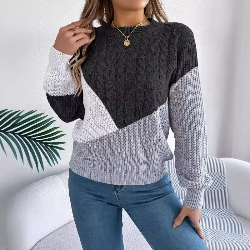 2025 Autumn Winter Pullovers Casual Color Contrasting Sweater Women Loose O-Neck Tops Fashionable Versatile Knitted Sweaters