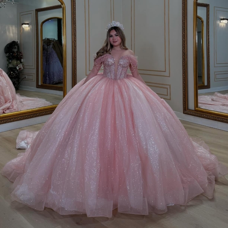 Pink Shiny Quinceanera Dresses Ball Gown Off Shoulder Beading Crystal Bow Tull Corset Birthday Party Sweet 16 Dress Vestidos 15 De Anos