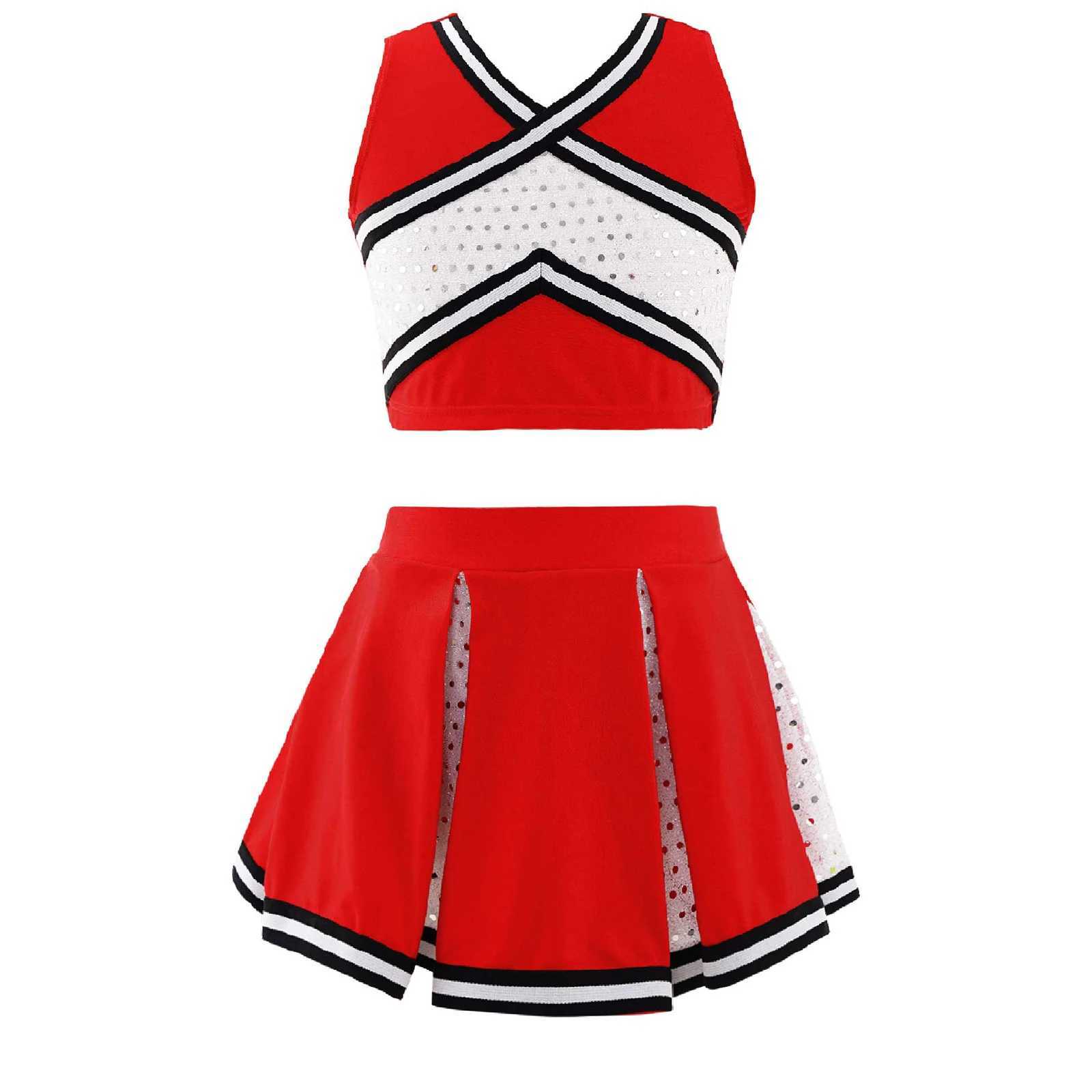 Cheerleader Uniform Kids Girls Cheerleading Costume Schoolgirls Dance Clothes Set Sleeveless Top + Skirt Children Sequins OutfitW250121