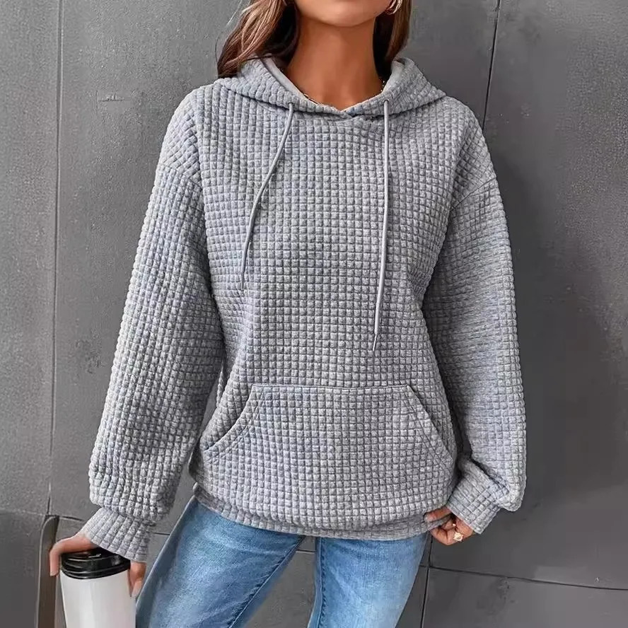 Womens hooded sweatshirt spring and autumn style waffle fashion beautiful solid color drawstring loose 250122