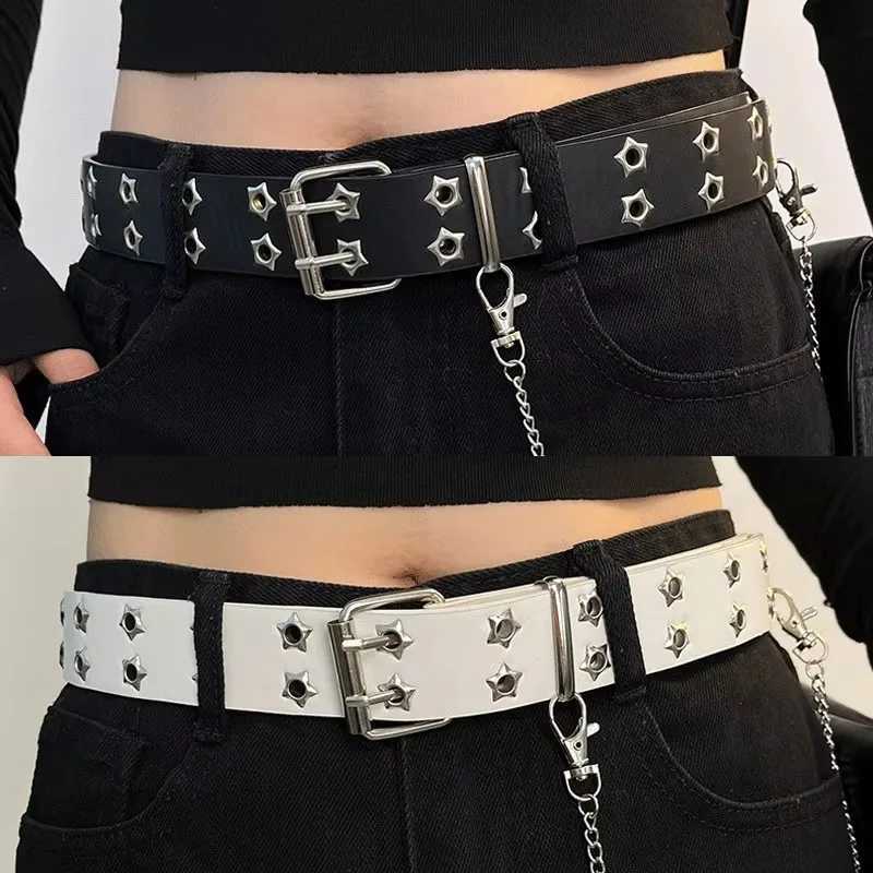 110cm Waist Belt Y2K Punk Rivet Leather Belts Women Men Star PU Black White Waist Strap Double Row Hollow for Jeans Skirt Decor W250120
