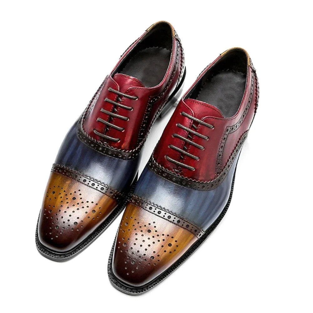 Color Block Genuine Leather Mens Formal Oxford Shoes Cap Toe Lace Up Brogue Business Party Elegant Gentleman Dress Shoes for Men 250113