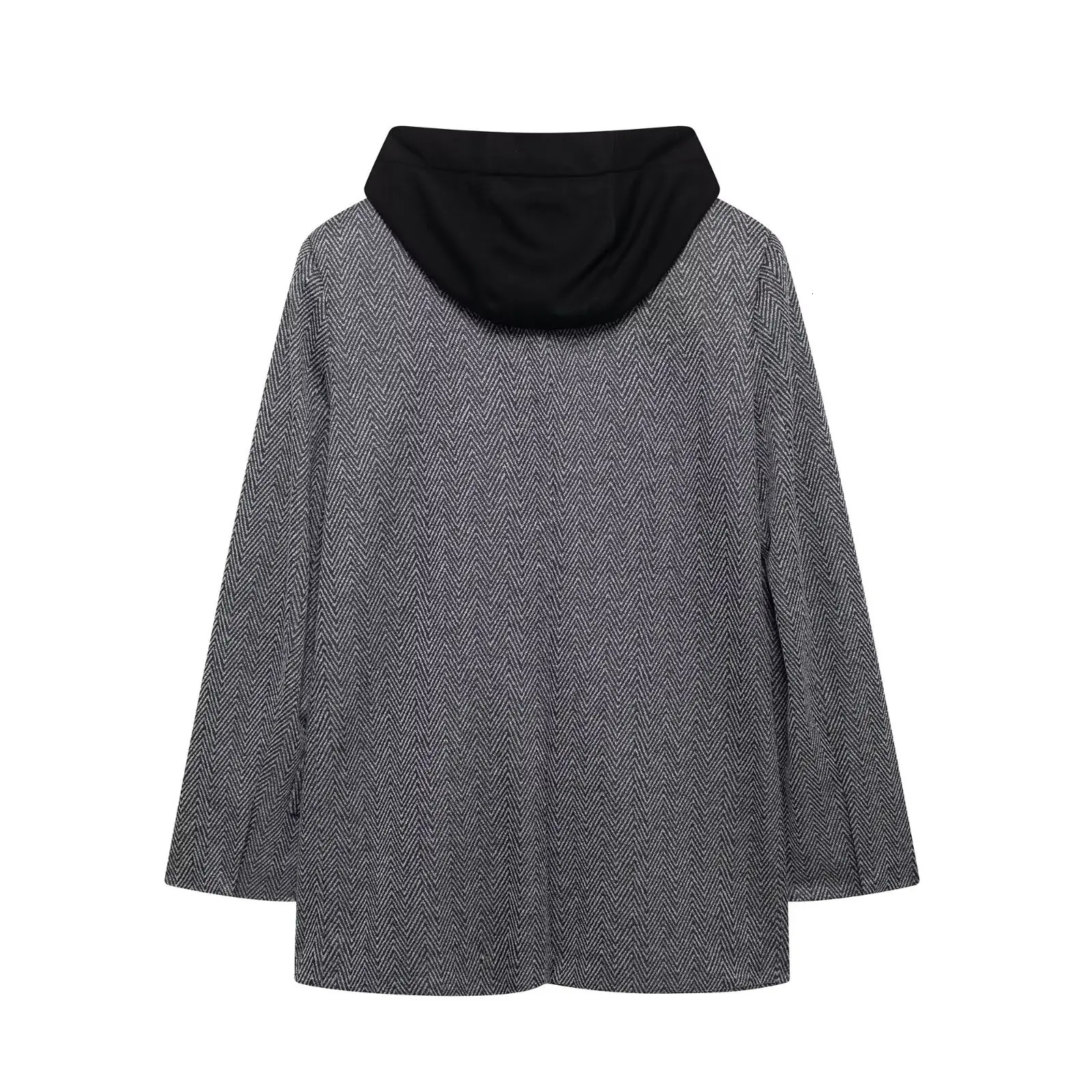 With Hoodies Blazer Womens Jackets Patchwork Outwear With Button Long Sleeve Coat Gray Elegant Streetwear Blazer Jackets 250109