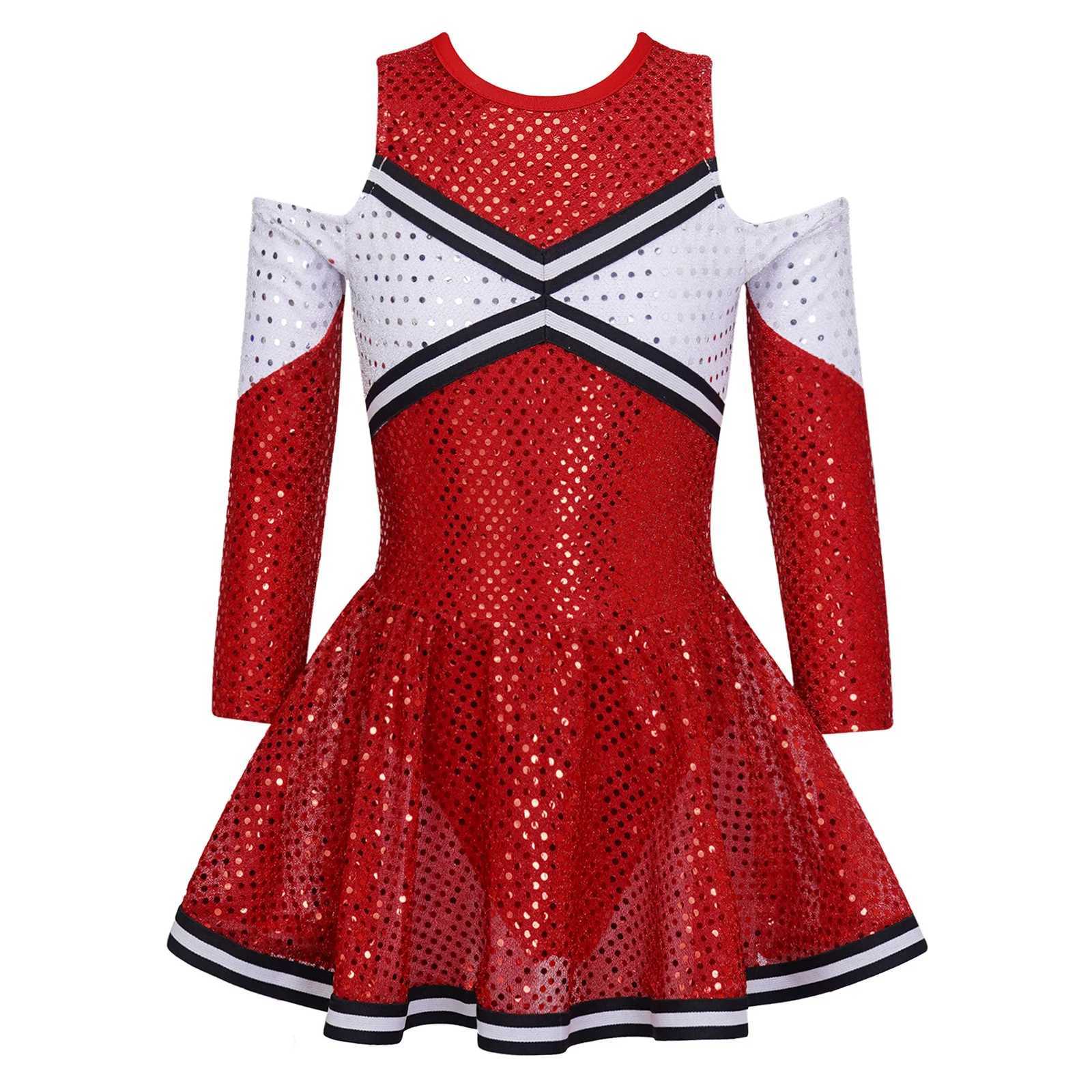 Kids Girls Cheerleading Uniform Long Sleeve Round Neckline Sequin Dress with Pair Tassel Flower Balls Set Cheer Dance CostumeW250121