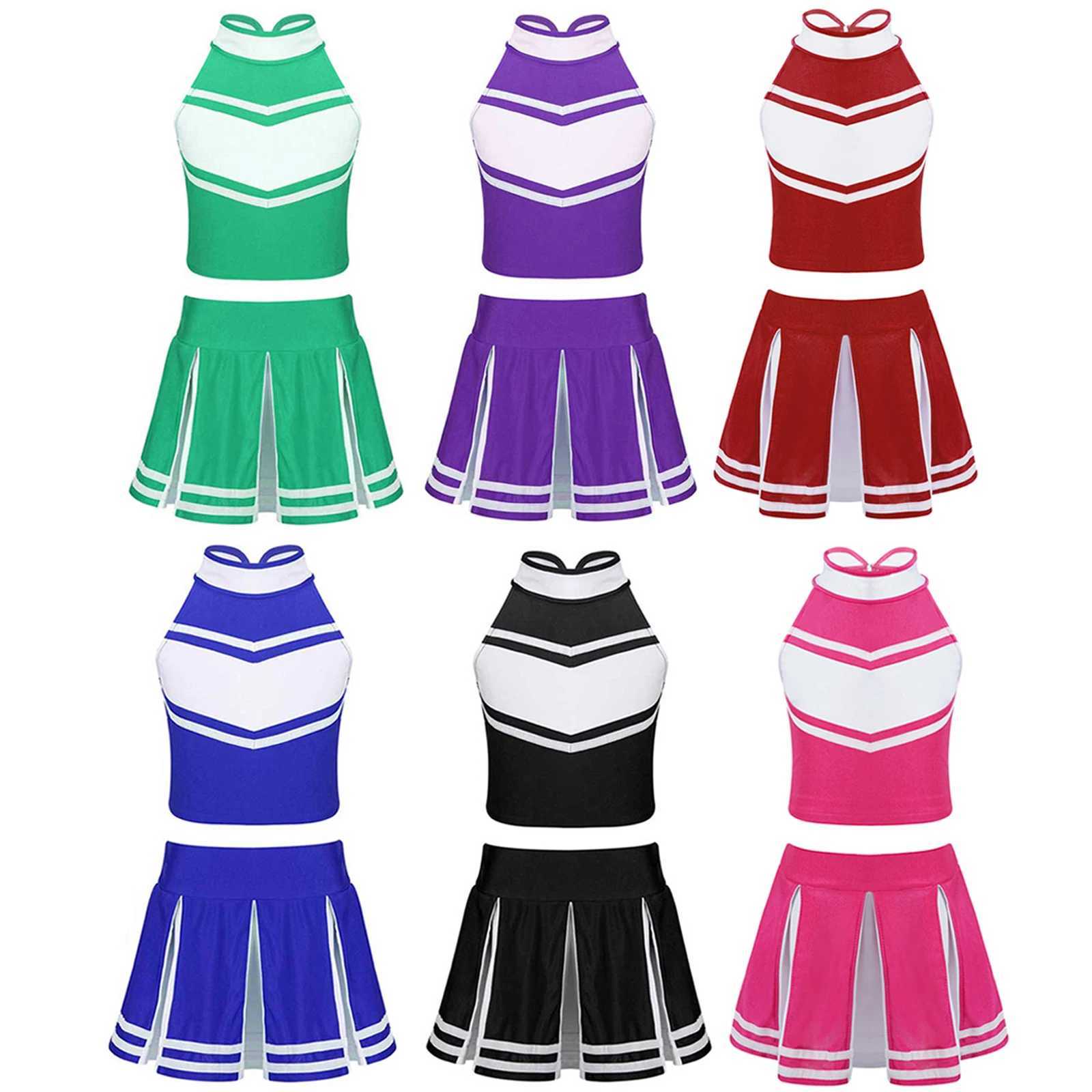 Kids Girls Cheerleading Costume Cheerleader Outfit Sleeveless Zippered Tops with Pleated Skirt School Stage Performance ClothesW250121