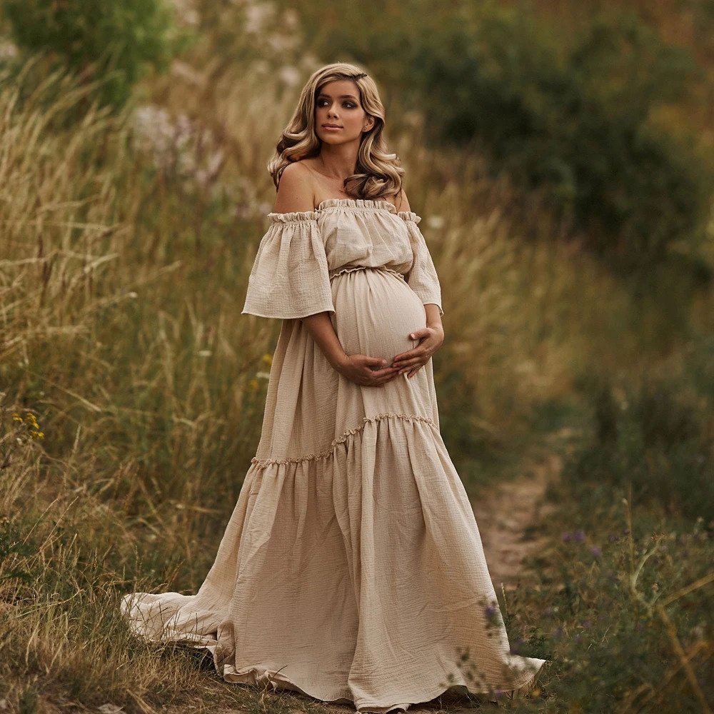 Women Boho Dress Comfortable Linen Cotton Maternity Clothing Vintage Short Sleeve Dress For Pregnancy Po Shoot 250116