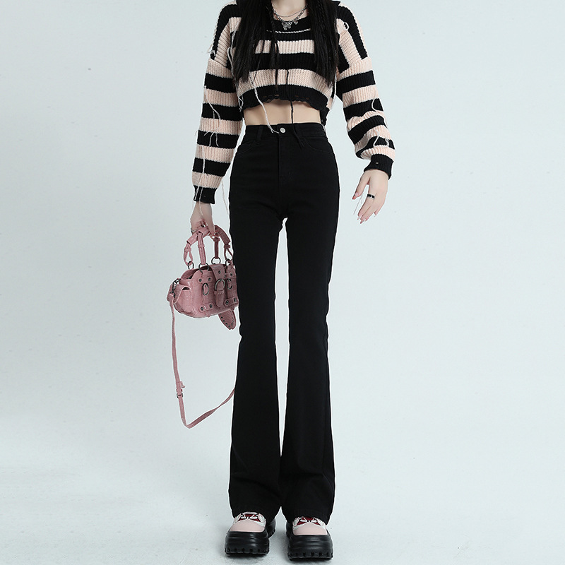 New hot-selling black micro-pull jeans women's autumn new high-waisted elastic high-looking thin small horseshoe pants
